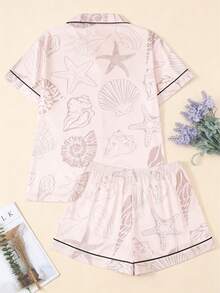 2pcs Set Women Pajama Set With Soft Pink Seashell Print, Short Sleeve Lapel Collar Button Front Top And Elastic Waist Shorts, Spring/Summer Homewear - 杏色 - 查看 2