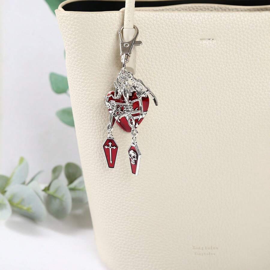 Móc khóa kim loại hình chữ thập trái tim đỏ phong cách retro sáng tạo, hình đầu lâu cá nhân hóa, phụ kiện túi xách độc đáo, mặt dây chuyền, phụ kiện, dây đeo điện thoại di động - Nhiều màu - Xem 1