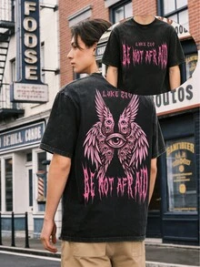 Street Graffiti Art Culture - Summer Men's Washed Cotton T-Shirt, Pink Color - Eye And Wing Pattern; Spring And Summer Casual Men's T-Shirt, 100% Washed Cotton; Street Style Fashion Men's Crew Neck T-Shirt, Unisex, Suitable For Outdoor Leisure, Sports, And Street Wear. - Black - View 4