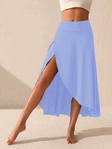 Chân váy yoga nữ cỡ lớn màu trơn, cạp cao, vạt bất đối xứng, xẻ tà, có quần short bên trong và túi, kiểu dáng năng động, thích hợp mặc hàng ngày và tập luyện, mùa xuân/hè. - Màu xanh nhạt - Xem 5