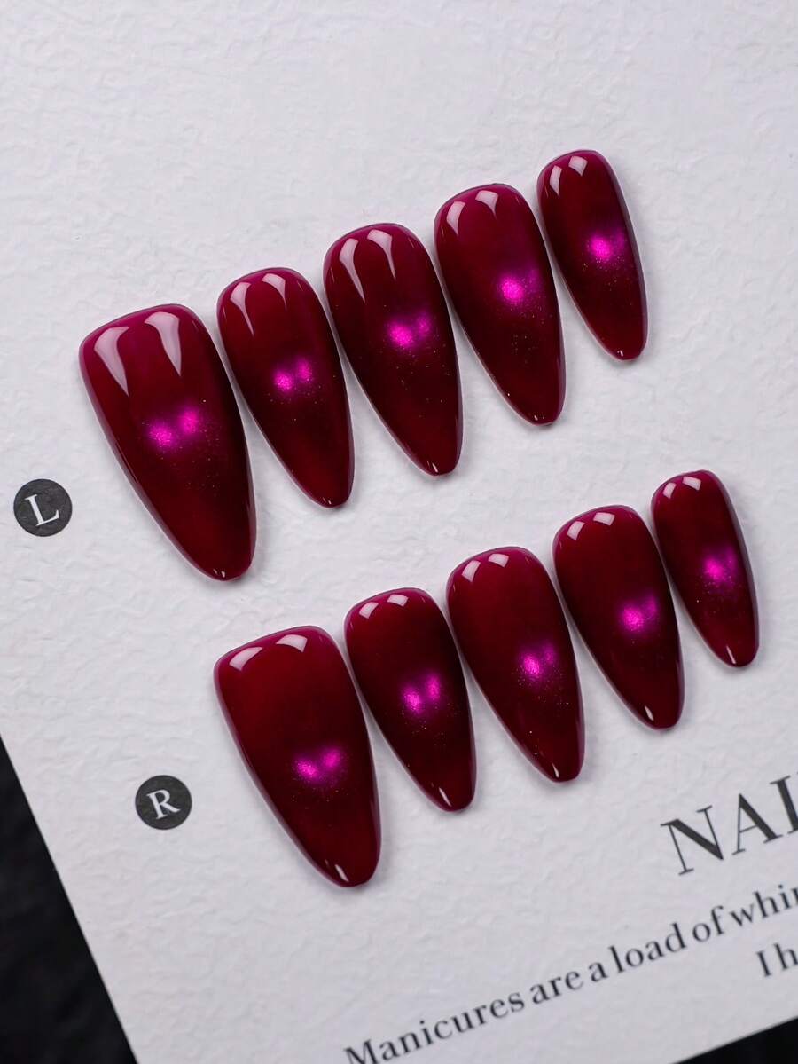 10pcs Medium-Long Almond-Shaped Pure Handmade Wearable Nails (Including Manicure Tools Set), Luxury Raspberry Red Cat Eye Solid Color, Glossy Press-On Fake Nails For Women, Perfect For Evening Parties, Romantic Dates, Wedding Guests And Holiday Celebrations - Multicolor - View 1