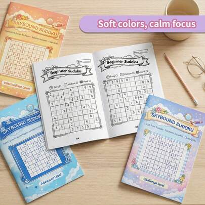 Sổ tay học Sudoku, nhật ký ghi chép logic số với các trang câu đố từ cấp độ cơ bản đến nâng cao, thích hợp cho trường học, gia đình và sử dụng hàng ngày.