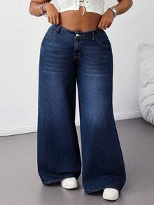 Plus Size Women Deep Blue Washed High Waist Wide Leg Jeans, Single Button Elastic Waist Distressed Texture Loose Casual Denim Pants Spring Fall - Dark Wash - View 8