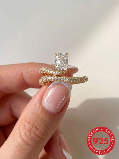 1pc Vintage Elegant Curved Rectangular Zirconia 925 Sterling Silver Ring, Exquisite And Unique, Perfect For Women To Wear To Parties And Galas, Meticulously Crafted, An Ideal Anniversary Gift For Girlfriend