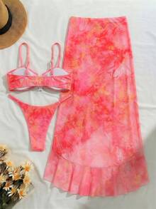 3件套女士印花优雅性感露背系带3D花朵裙比基尼套装，适合海滩度假穿着，春夏假期 - 玫瑰紅 - 查看 4