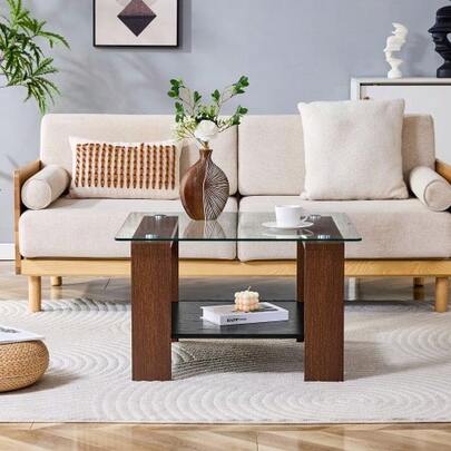 Modern Coffee Table With Storage, Tempered Glass Top And Walnut Legs, 65x41x45.5cm, Contemporary Living Room Table For Home Office, Apartment And Small Spaces