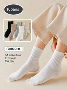 5/10 pares de calcetines de longitud media neutros para mujer, disponibles en múltiples colores sólidos simples, adecuados para uso casual, diario y de negocios - Multicolor - Ver 4