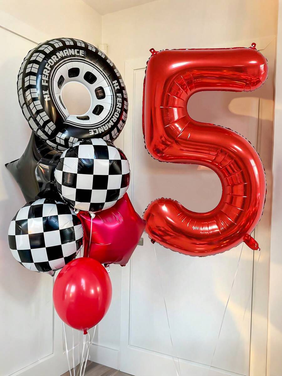 10pcs Racing Car Birthday Number Balloon Set, Includes 40-Inch Giant Number, Tire Balloons, Black & White Checkered Balloons, Pentagram Balloons, For Birthday Party Decoration, Racing Car Theme Party, Birthday Celebration - Multicolor - View 1