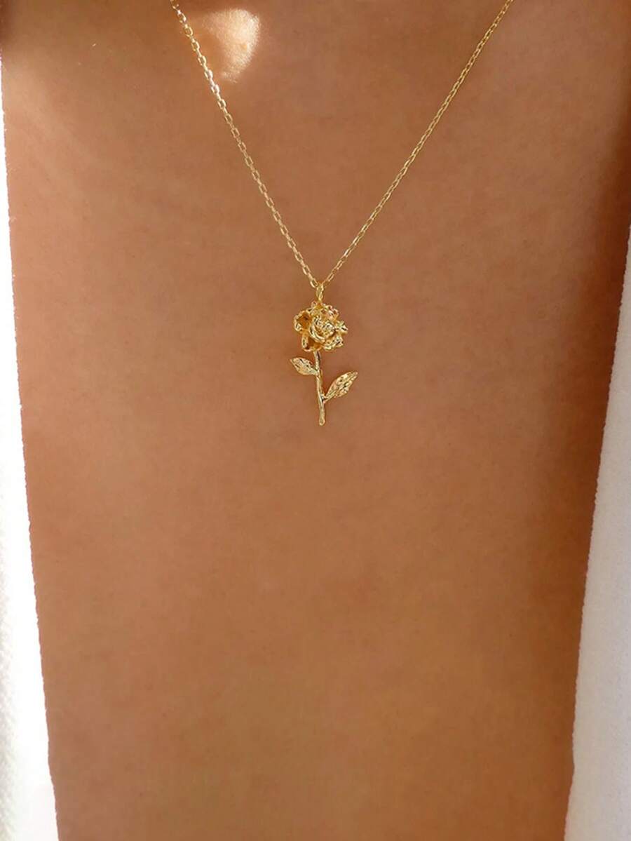 1件金属花朵吊坠项链，适合女性日常佩戴 - 金黃色 - 查看 1