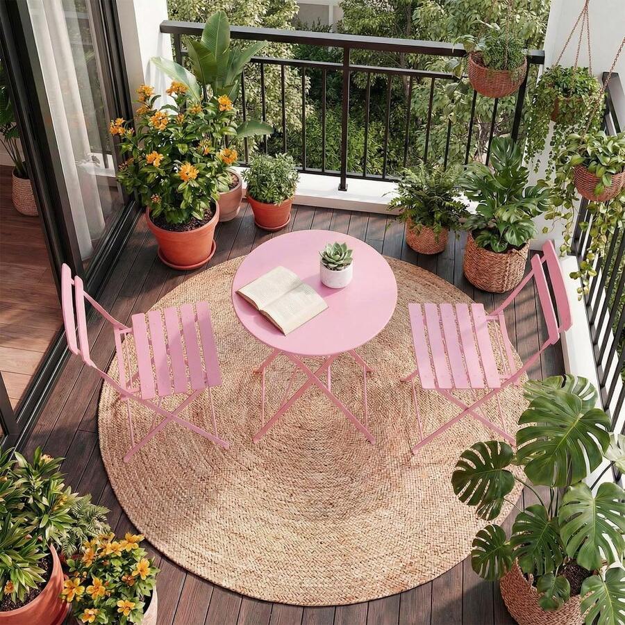 LIZHOUMIL 3 Piece Foldable Patio Bistro Set, Outdoor/Indoor Metal Table And Chairs Furniture, Compact Round Table With 2 Folding Chairs For Balcony, Porch, Garden, Apartment, Small Space - Pink - View 1