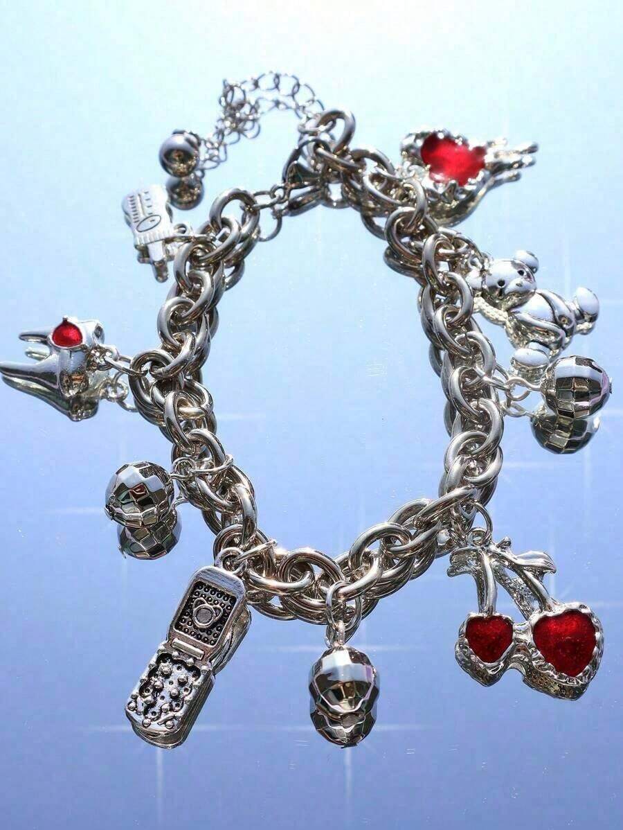 Renaissance Vintage Teddy Bear Charm Bracelet Y2K Cherry Charm Bracelet Party Music Festival Disco Ball Charm Bracelet Red Heart Charm Bracelet Valentines,Mom,Mother,Mother's Day, - Bạc - Xem 1