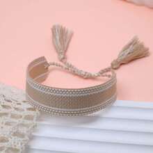 1pc Handmade Vintage Minimalist Boho Style Woven Bracelet, Suitable As Gift For Family, Friends, Students, Festivals, Parties, Traveling - Khaki - View 3