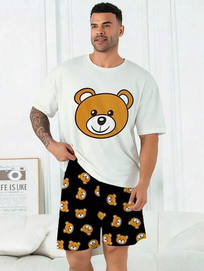 Plus Size Men's Pajama Set | Round Neck Short Sleeve Top And Elastic Waist Casual Shorts 2 Piece Set | Polyester Knit Fabric Soft And Breathable Loose Fit | Cartoon Bear Face Pattern Casual Design
