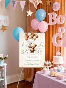 Personalized Gender Reveal Party Sign - Customized Baby Gender Reveal Canvas With Neutral Bohemian Teddy Bear And Balloon Pattern., Back To School - Multicolor - View 7