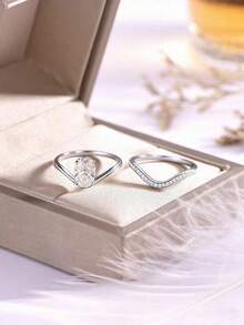Bộ 2 nhẫn bạc S925 đính đá Cubic Zirconia hình bầu dục, thiết kế lượn sóng, thích hợp làm quà tặng hẹn hò, đeo hàng ngày, đính hôn, cưới, sinh nhật hoặc quà tặng ngày lễ. - Nhiều màu - Xem 16