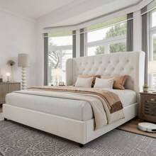 Full Bed Frame With Velvet Button-Tufted Headboard , Upholstered Bed Frames, Soft Fabric, Button Tufted Headboard With Windback, Platform Bed, Curved Wingback Design, Noise-Free, No Box Spring Needed,  Queen Bed Frame/ King Bed Frame/ Full Size Bed Frame/ Queen Size Bed Frame/ King Size Bed Frame,Pink/ White/ Grey - 白色 - 查看 7
