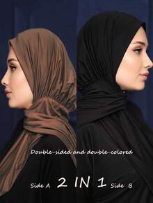 2-En-1 Listo para usar Modesto, Pañuelo de doble capa reversible para uso diario, Hiyab instantáneo - Doble cara (negro + marrón) - Ver 7