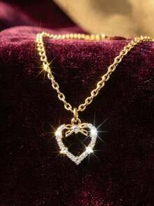 1pc Minimalist Elegant Versatile Rhinestone Copper Alloy Hollow Heart Pendant Necklace, Suitable For Women's Daily Commute And Party Matching, Valentine's Day Gift, Mother's Day Gift - Gold - View 2
