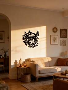 1pc Eye With Butterflies & Flowers Metal Wall Art, Black Floral Wall Decor, Metal Crafts, Modern Living Room Bedroom Home Decoration, Outdoor Indoor Wall Hanging Ornament, Housewarming Gift - Black - View 4