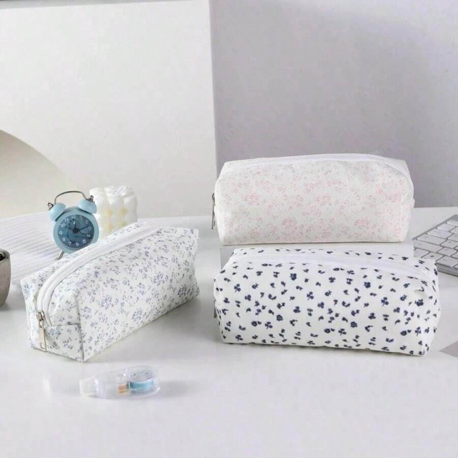 Hộp đựng bút tối giản màu hồng in hoa, hộp đựng văn phòng phẩm cho học sinh, túi đựng mỹ phẩm màu xanh dương, đồ dùng học tập cho năm học mới. - Hoa - Xem 1