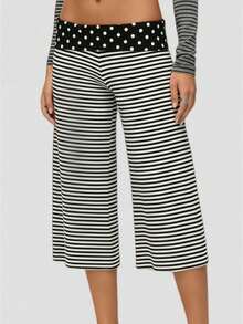 Women's Y2k Fold Over Waist Yoga Capri Pants Fashion Casual Solid Color/Striped/Polka Dot Stretchy Low Rise Wide Leg Crop Pants Light Weight Comfy Lounge Capri Pants - 彩色 - 查看 1