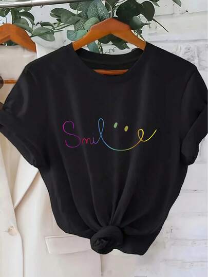 Plus Size Colorful Print Women's Fashion Round Neck Short Sleeve T-Shirt Casual