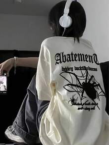 Women's King's Day Spider & Bat Anime Graphic T-Shirt In Thick Cotton, Gothic Print On The Back, Loose Fit, Casual Streetwear Style, Black Contrast, Summer - 白色 - 查看 6
