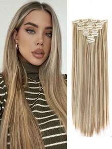 18-32 Inch Clip-In Hair Extensions 7pcs Set Black & Gold With Lowlights, Synthetic Fiber, Suitable For Women And Girls For Party And Daily Use - 彩色 - 查看 24