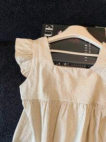 Elegant & Sweet Plaid Striped Square Neck Shirt, Women's Summer Ruffled Pleated Button‑Up Top, Stylish Date‑Night Versatile Blouse - Coffee - View 5