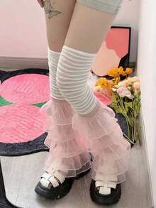 1pc Layered Pearl Beaded Ruffled Contrast Lace Leg Warmer, Y2k, Cozy - Multicolor - View 9