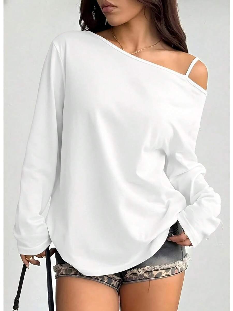 Women's Off-Shoulder Long-Sleeve Shirt, Loose Casual Pullover, Lightweight Autumn Top, Blue: Clothing, Shoes And Jewelry - 白色 - 查看 1