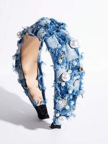 1pc Exaggerated Hip-Hop Style Rhinestone, Faux Pearl & Tassel Denim Effect Knotted Headband, Suitable For Women To Wear On Vacation,Travel,Birthday - Light Blue - View 1
