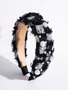 1pc Exaggerated Hip-Hop Style Rhinestone, Pearl & Tassel Denim Fabric Knotted Headband, Suitable For Women To Wear On Vacation Hair Band Diadema Hair Hoop - Black - View 4