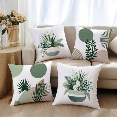 4pcs Bohemian Geometric Colorblock Plant Printed Cushion Cover Set, Single-Sided Soft Peach Velvet Material, 45*45CM Pillow Case Suitable For Indoor Decor, Party Decoration, Decorative Pillow Cover Gift
