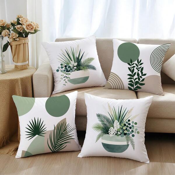 4pcs Bohemian Geometric Colorblock Plant Printed Cushion Cover Set, Single-Sided Soft Peach Velvet Material, 45*45CM Pillow Case Suitable For Indoor Decor, Party Decoration, Decorative Pillow Cover Gift