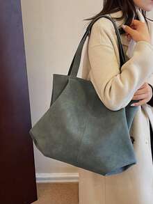 Large Capacity Tote Bag, Retro Faux Leather Handbag With Front Pocket, Suitable For Work And Travel - Green - View 8