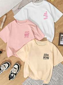 3pcs Women's New Casual Cute Pattern Loose Versatile Round Neck Short Sleeve T-Shirt, Fashionable Daily & Holiday Wear Summer - Multicolor - View 4