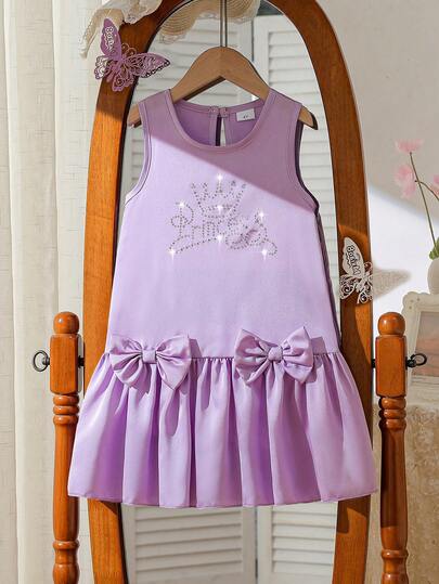 Summer Young Girls' Elegant Dress, Purple Round Neck Sleeveless, English Rhinestone Design, Bow Decor, Casual Fashionable Sweet Princess Dress, Suitable For Party, Gathering, Daily Wear