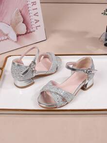Summer New Fashion Versatile Girls High Heel Shoes, Kids Open Toe Sequin Sandals For Party, Wedding, Performance - Silver - View 2