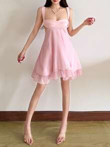 Women's Loose Fit Spaghetti Strap Ruffle Hem Flattering Dress - Pink - View 4