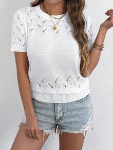 Casual Round Neck Hollow Ribbed Solid Color Short Sleeve Women Knit Sweater Top, Everyday Spring/Summer Pullover White - White - View 3