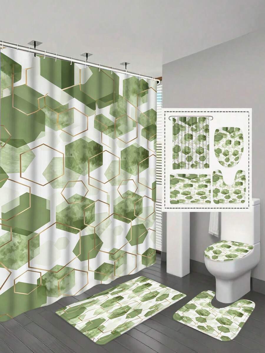 1/4pcs Set Green Bathroom Accessories, Geometric Pattern Shower Curtain Set, Modern Art Style Shower Curtain With 12 Hooks, Bathroom Rug, Bath Mat And Toilet Mat
