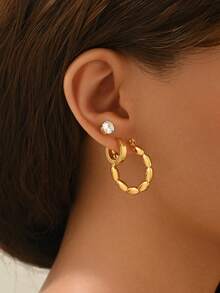 1 Set Retro Stainless Steel Stud Hoop Earrings, Versatile Daily Wear Jewelry Set For Women - Multicolor - View 2