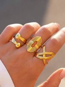 Uself 3pcs/1pc Set Women Thick Gold Stainless Steel Rings, Fashion Rings, Waterproof, Suitable For Daily Wear, Holiday Gift, Jewelry For Her - Multicolor - View 3