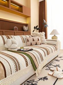1PC Bohemian Retro Striped High-Grade Chenille Sofa Cover, Modern Luxury Exquisite Lace Universal Couch Protector, Soft Skin-Friendly Breathable All Season Sofa Slipcover, Non-Slip Anti-Dust Anti-Scratch Pet Friendly Sofa Shield, Wrinkle Resistant Fade-Proof Durable Washable Couch Cover, Stain Water Resistant Easy Clean Home Decor Mat - Brown - View 4