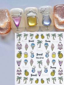 1pc 5D Jelly Sunny Beach Summer Nail Stickers Embossed Pearly Luster Vacation Style Shiny Pineapple Coconut Palm Tree Ice Cream Drink Sea Nail Art Decals DIY Wedding Nail Charms Decoration Party/Holiday Nail Supplies - Multicolor - View 4