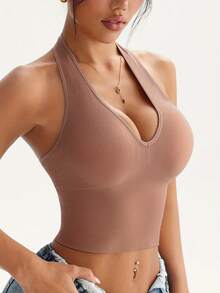Single Piece/Set Women's Sexy Hanging Neck Without Steel Ring, Daily Bra With High Elasticity And Beautiful Back, Shaping Body And Waist, Integrated Women's Bra Meets The Needs Of Daily Internal And External Dressing For Dating And Gatherings - 琥珀色 - 查看 4