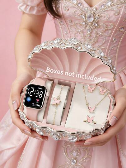 6/5 piezas Nuevo reloj digital LED cuadrado elegante y minimalista para mujer, adecuado para usar con joyas de mariposa como collares, pulseras, aretes, anillos, perfecto para fiestas, reuniones, cumpleaños, vacaciones, también un regalo ideal para amigas, madres, novias en el Día de la Madre, temporada de regreso a clases, temporada de bodas