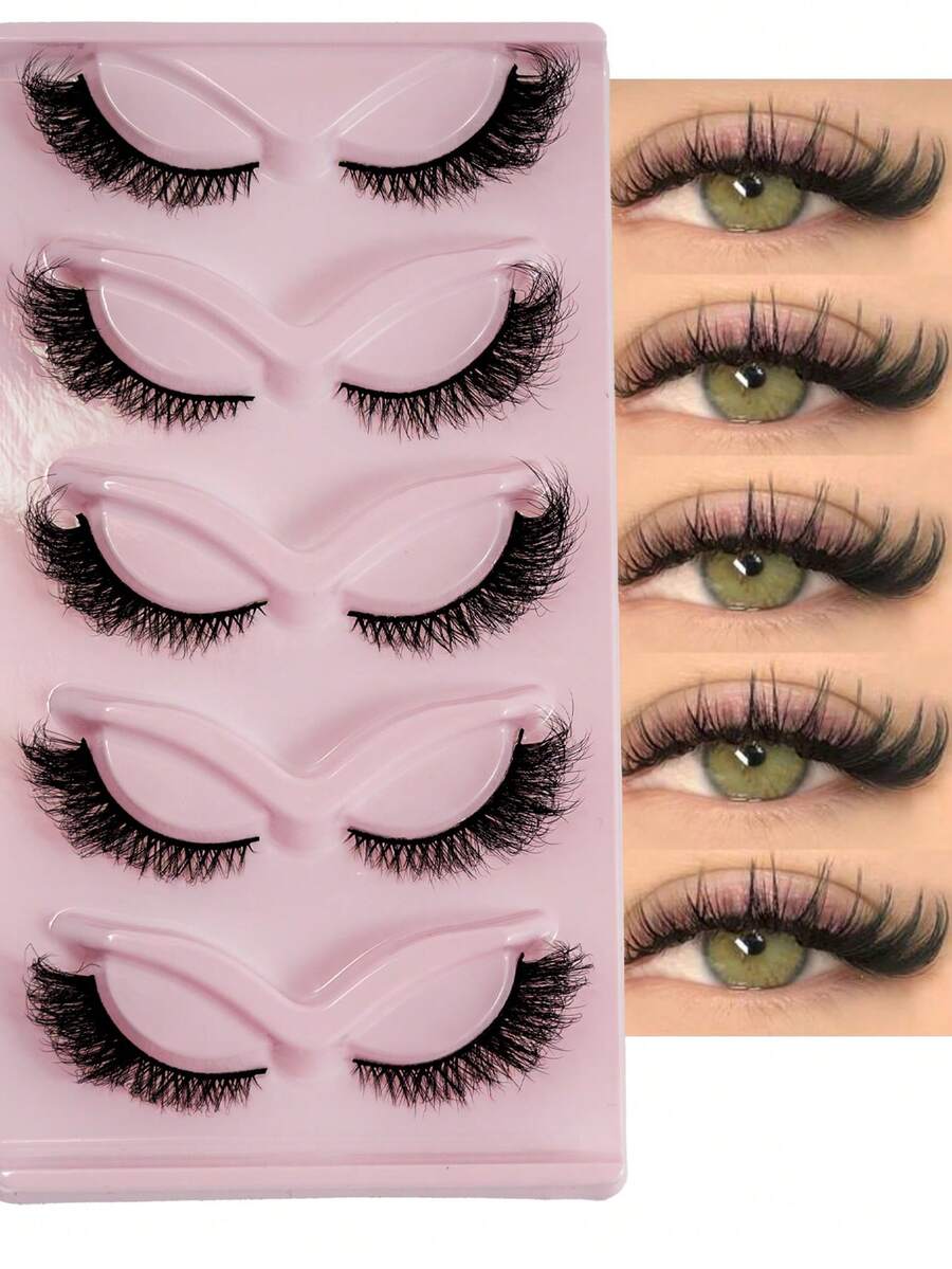 5 Pairs Fake Eyelashes - Cat Eye, Cartoon, Faux Mink, Natural Long Flared, Elongated, Eyelash Extensions (CH05) - Black - View 1