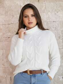 Women's Cold Weather Sweater Turtleneck Wool Puff Sleeve Knitted Knit Braids - 白色 - 查看 8